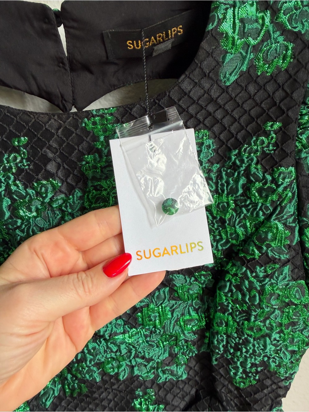 NWT Sugarlips Elyna Jacquard Green Black Puff Sleeve Peplum Blouse Sz S - Picture 10 of 13